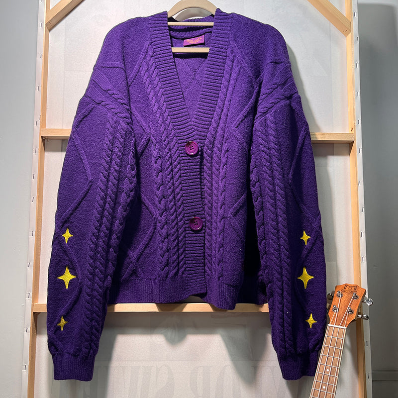 Yellow Star Embroidery Knitting Purple Cardigan