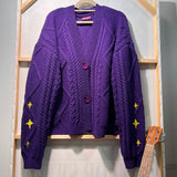 Yellow Star Embroidery Knitting Purple Cardigan