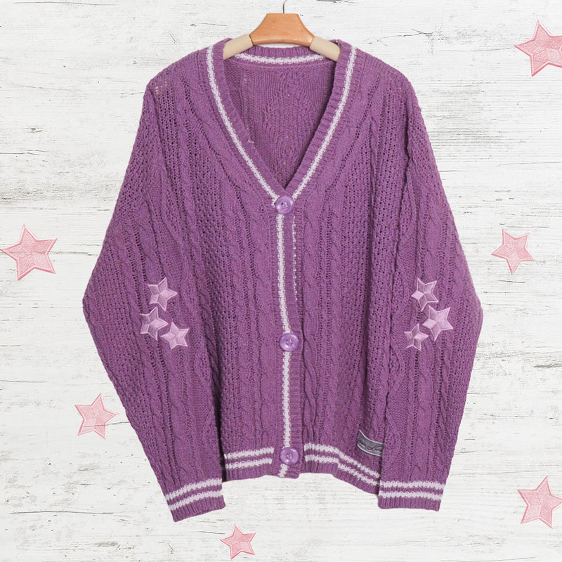 Purple Star Embroidery Knitting Cardigan