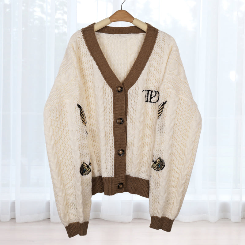 Brown Feather Embroidery Knitting White Cardigan