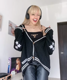 Silver Star Snake Embroidery Knitting Black Cardigan