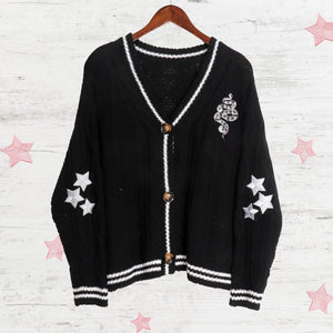 Silver Star Snake Embroidery Knitting Black Cardigan