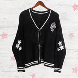 Silver Star Snake Embroidery Knitting Black Cardigan