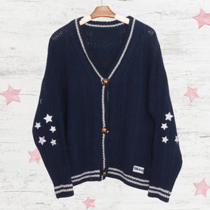 Silver Star Embroidery Knitting Navy Cardigan