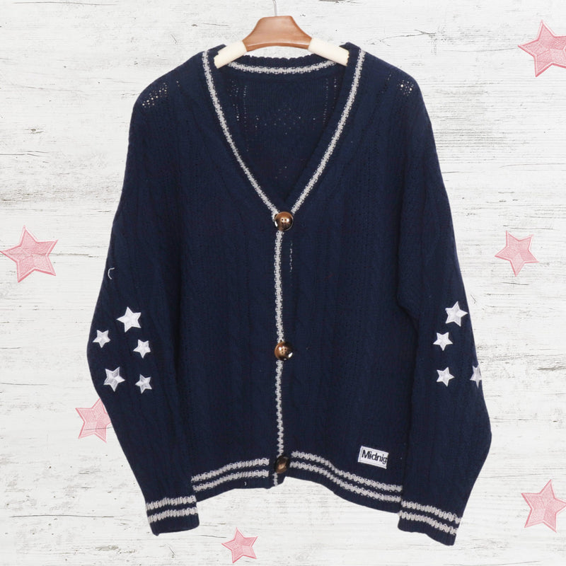 Silver Star Embroidery Knitting Navy Cardigan