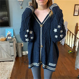 Silver Star Embroidery Knitting Navy Cardigan