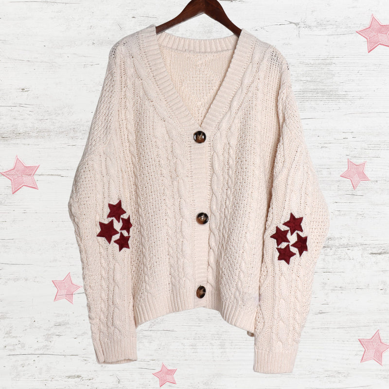 Red Star TS Embroidery Knitting White Cardigan
