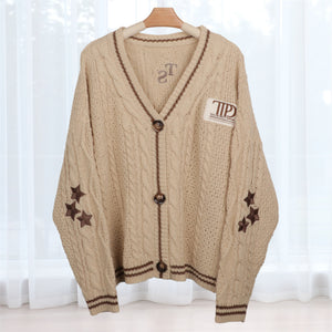 Brown Star Embroidery Knitting Beige Cardigan