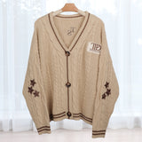 Brown Star Embroidery Knitting Beige Cardigan