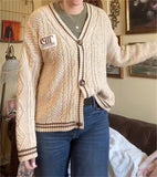 Brown Star Embroidery Knitting Beige Cardigan